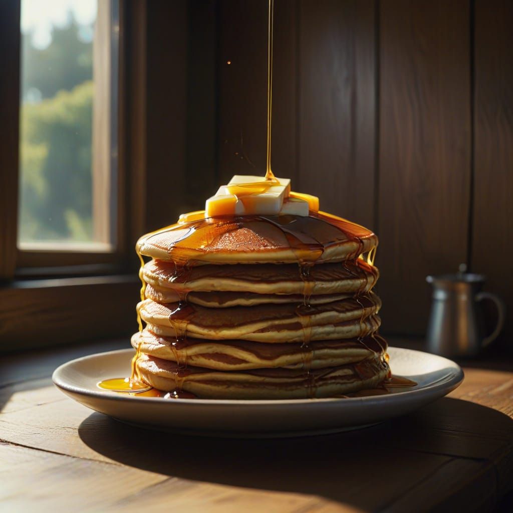Towering Pancakes Bathed in Sunlight: A Cinematic Still