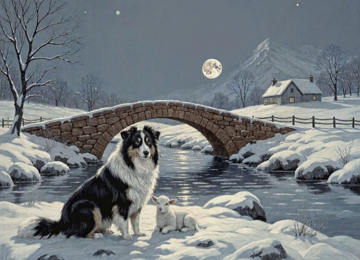 Majestic Sheepdog and Lamb Under Moonlight in Impressionist ...