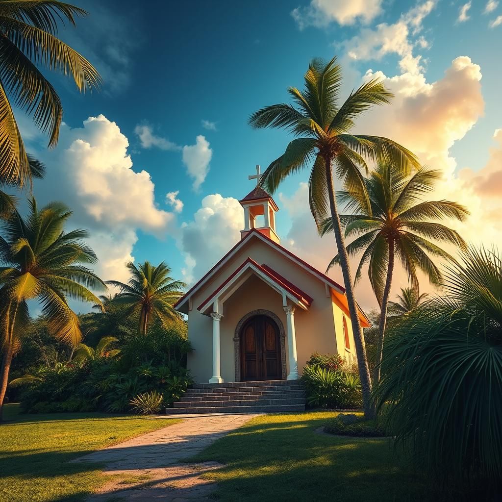 Guam Church Among Palm Trees in Splash Art