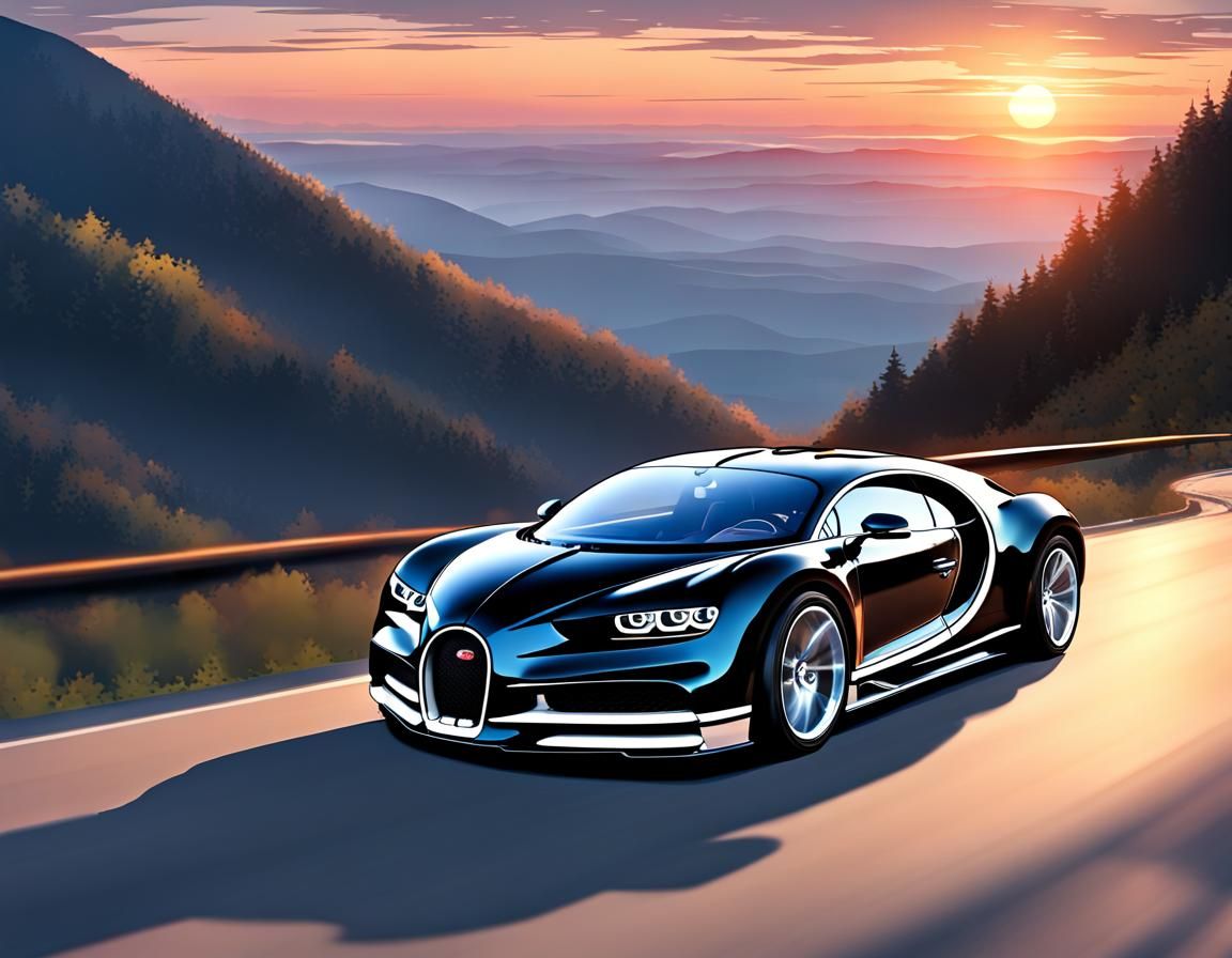 Bugatti Chiron on Mountain Road in Anime Style