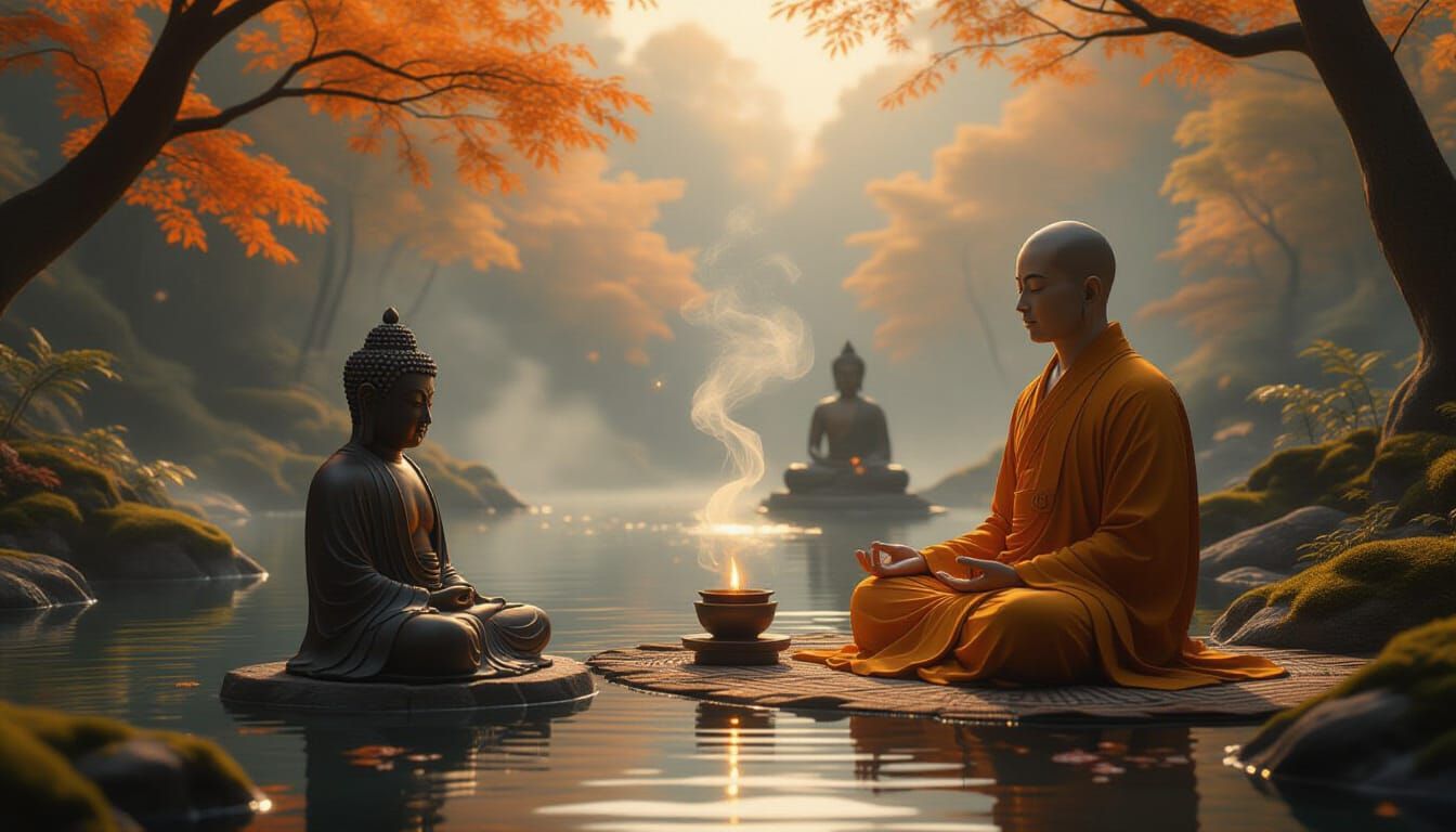 Monks Meditating in a Zen Autumn Universe