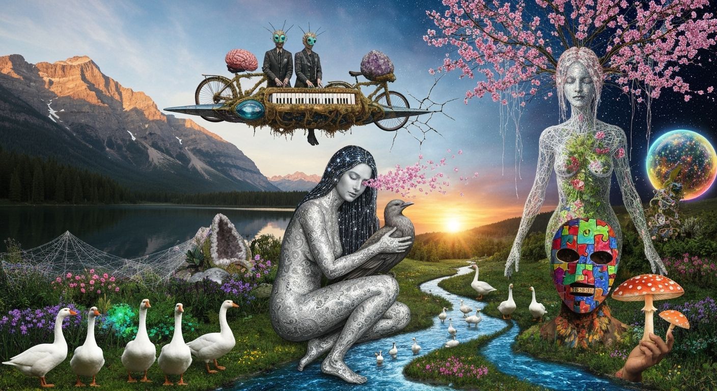 Surreal Mountain Lake Reflecting Opal Sky with Ethereal Figu...