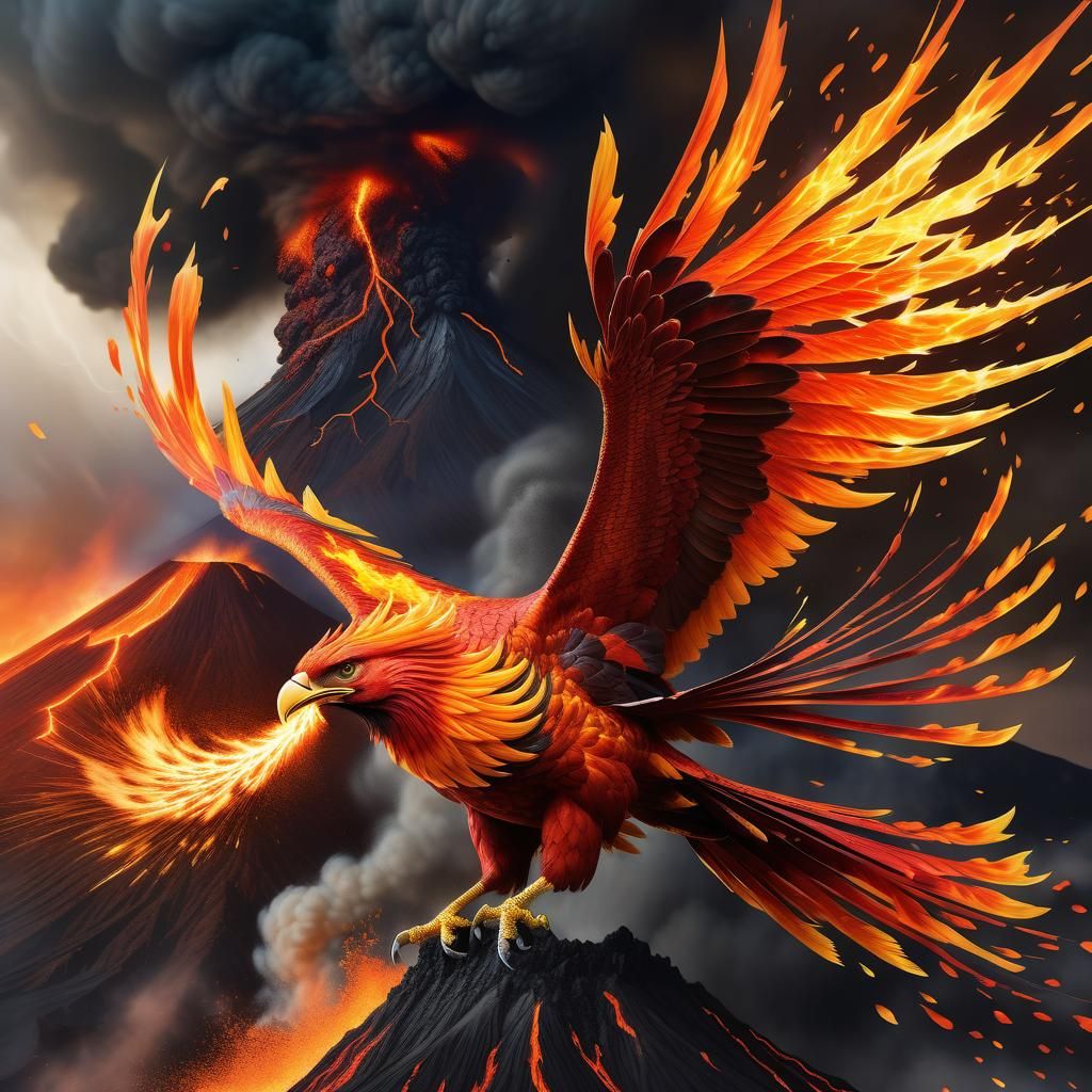 Fire Phoenix over an erupting volcano