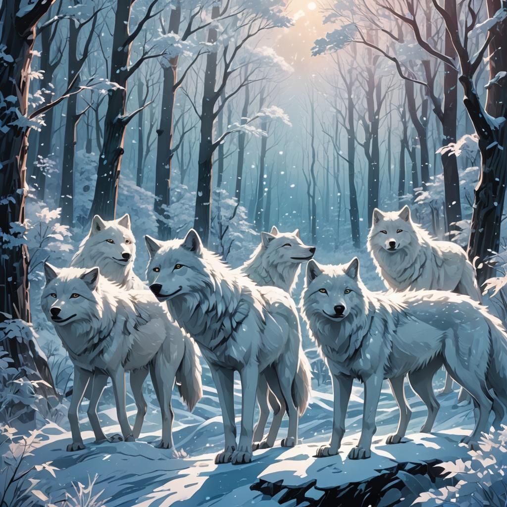Enchanting Ice Forest with Wolves in Anime Style