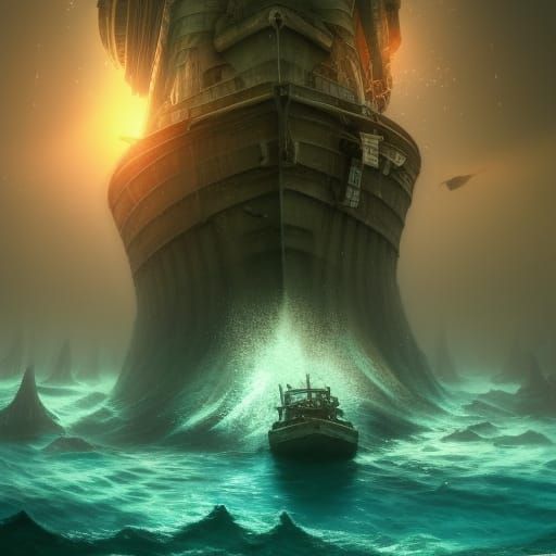 Underwater Shipwreck with Merfolk in Detailed Digital Painti...
