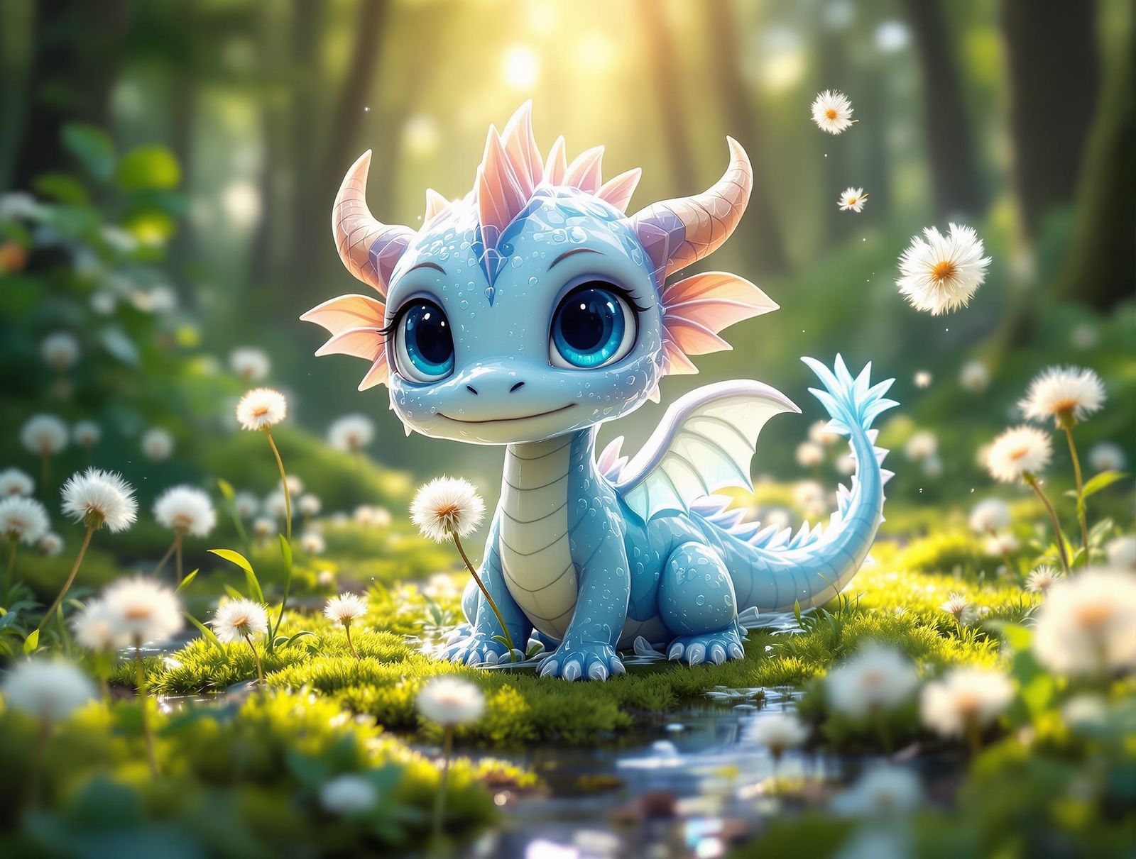Chibi Water Dragon Plays in Lush Forest Clearing