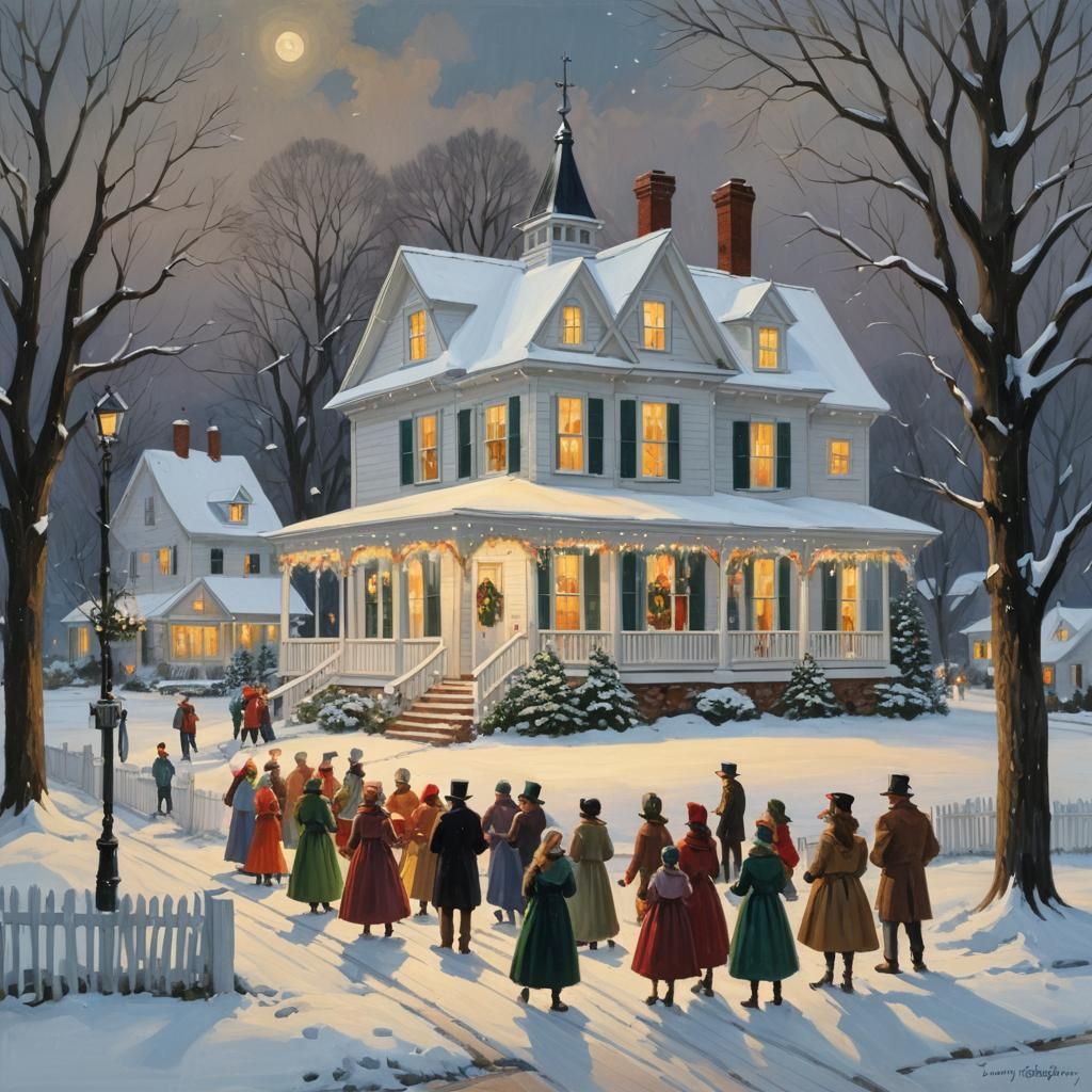 Christmas Carolers at Farmhouse, Oil Painting