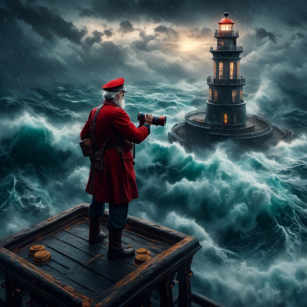 ( An old gray haired lighthouse keeper with binoculars on top of a Tall lighthouse) looking for ship in the sea <lora:Wa...