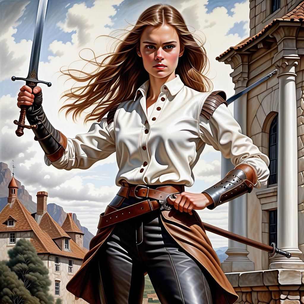 Beautiful Woman Duelist with Rapier, Oil on Canvas