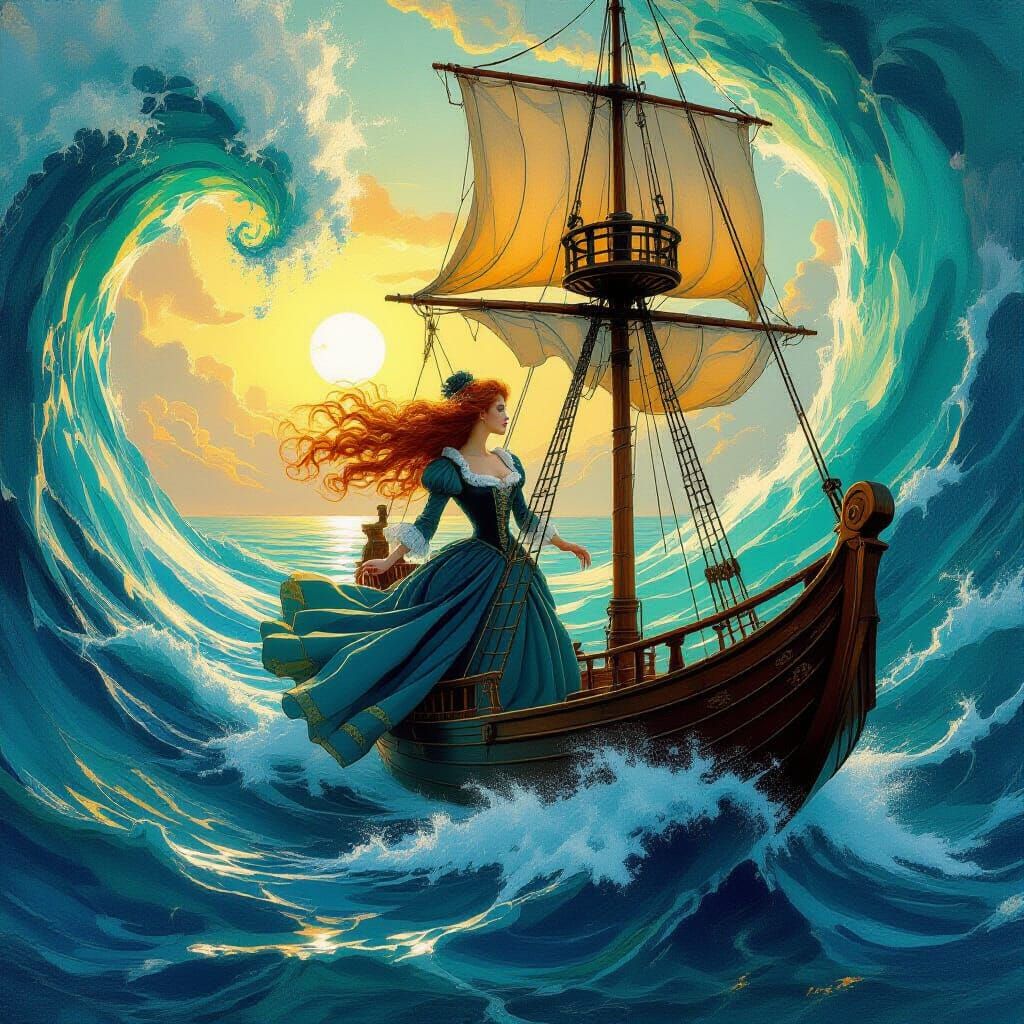 Victorian Woman Helms Galleon in Surreal Ocean Funnel