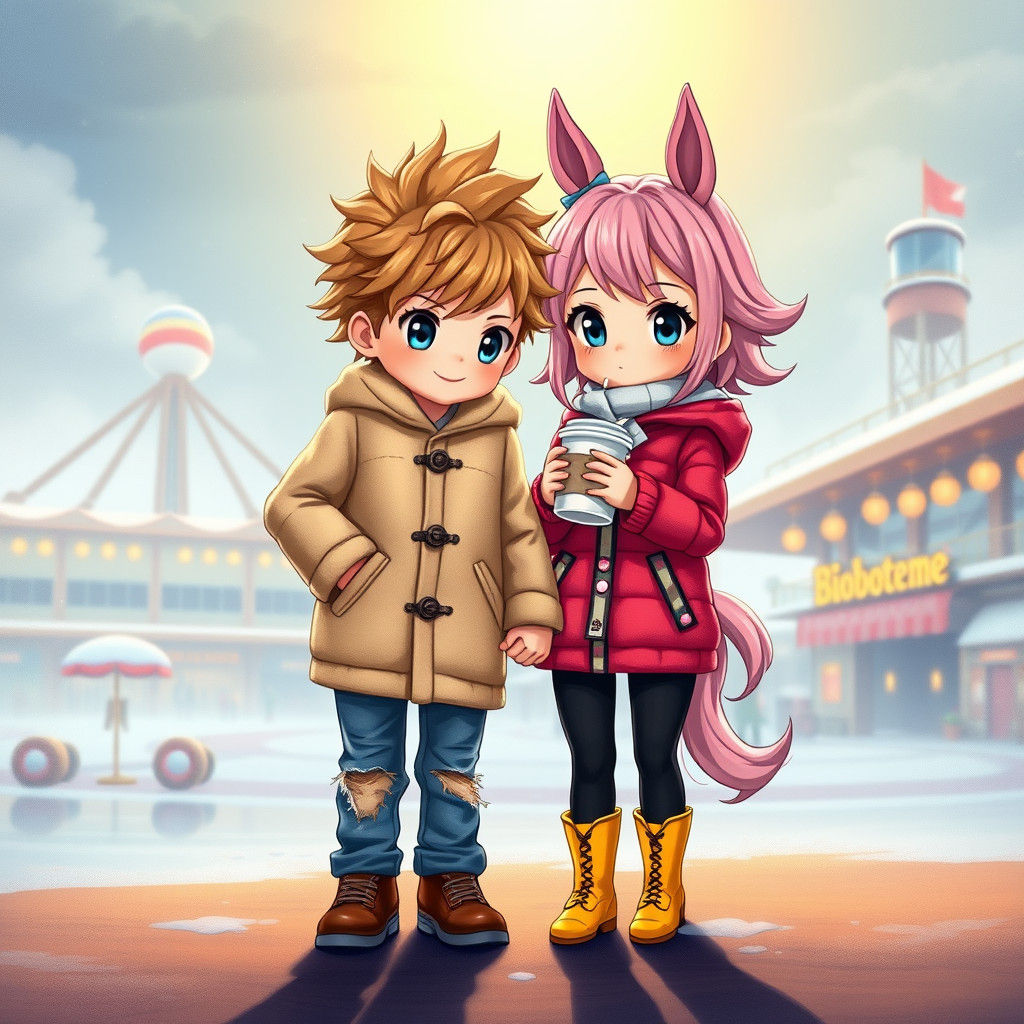 Anime Children at Cosmodrome in Winter Sun