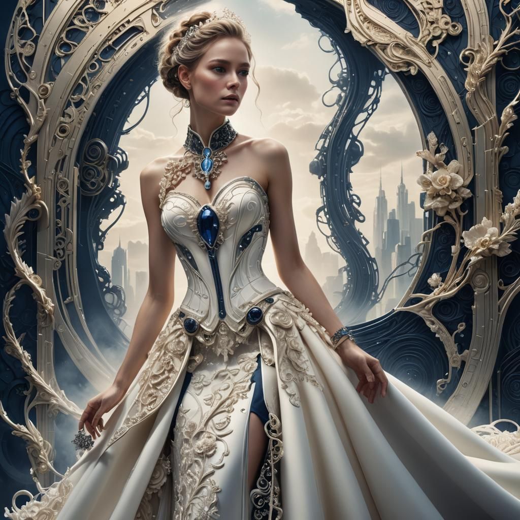 Futuristic Bride: Detailed Black and White Portrait