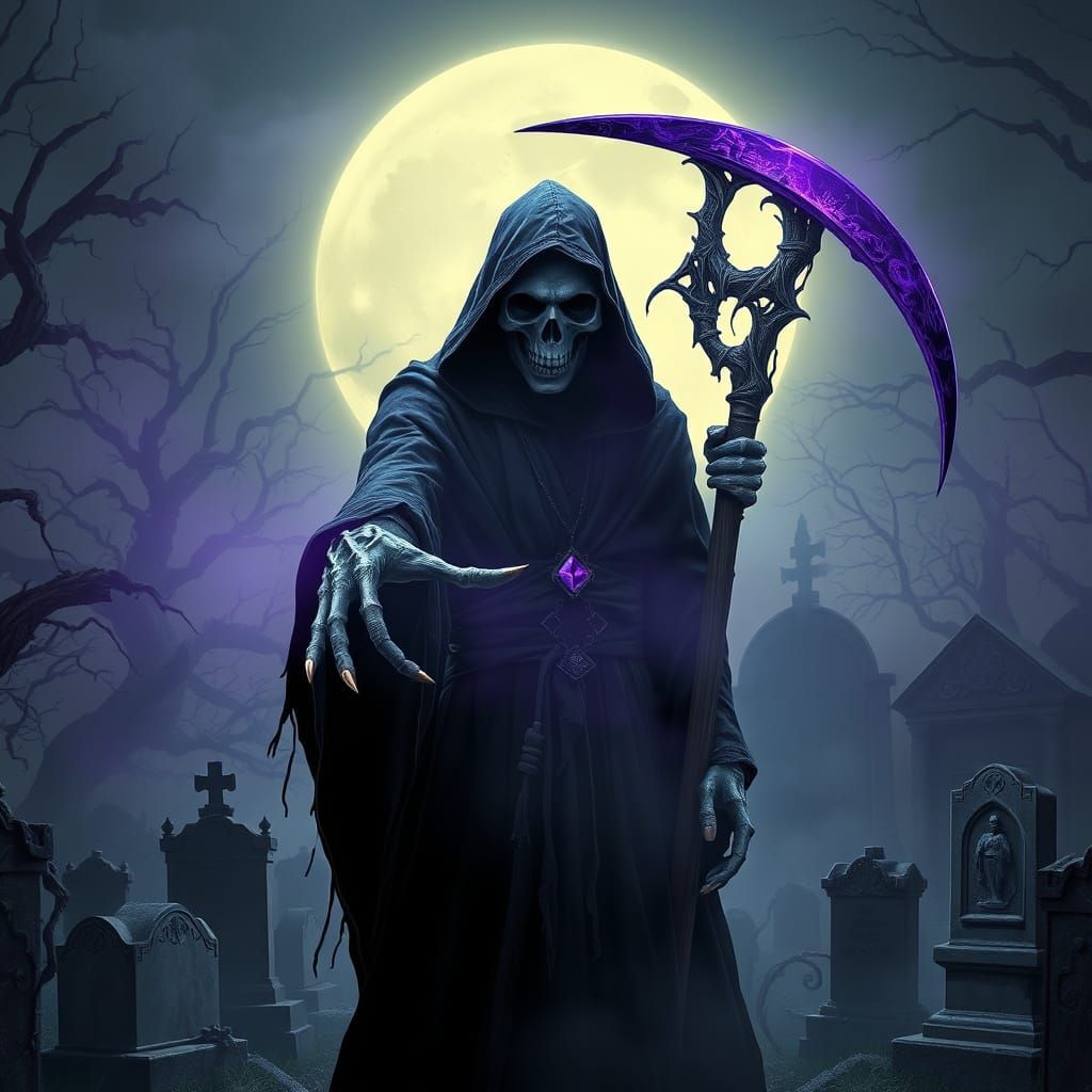 The Grim Reaper Emerges from an Iridescent Purple Haze