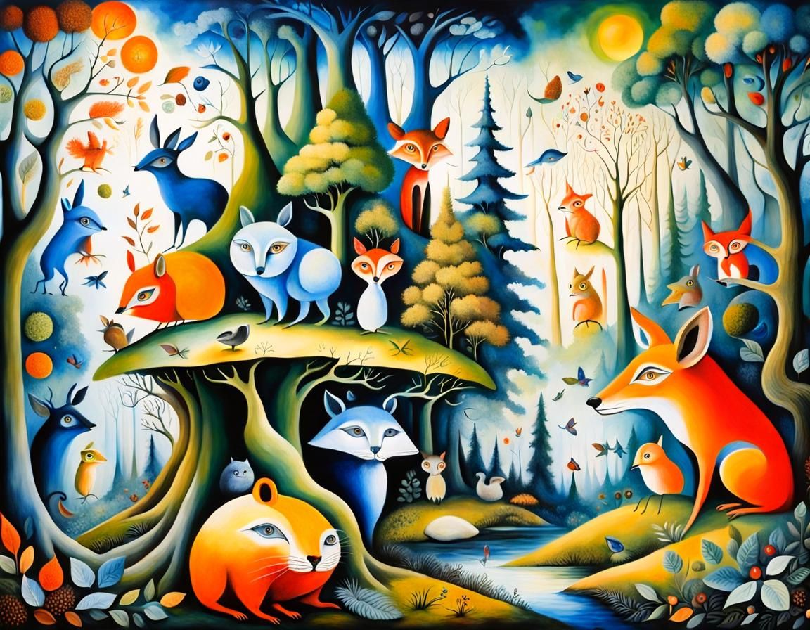 Surreal Woodland Creatures in Dreamlike Forest