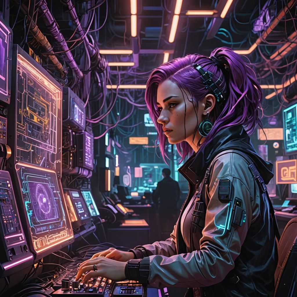Cyberpunk Hacker in a Neon-Lit Nightscape