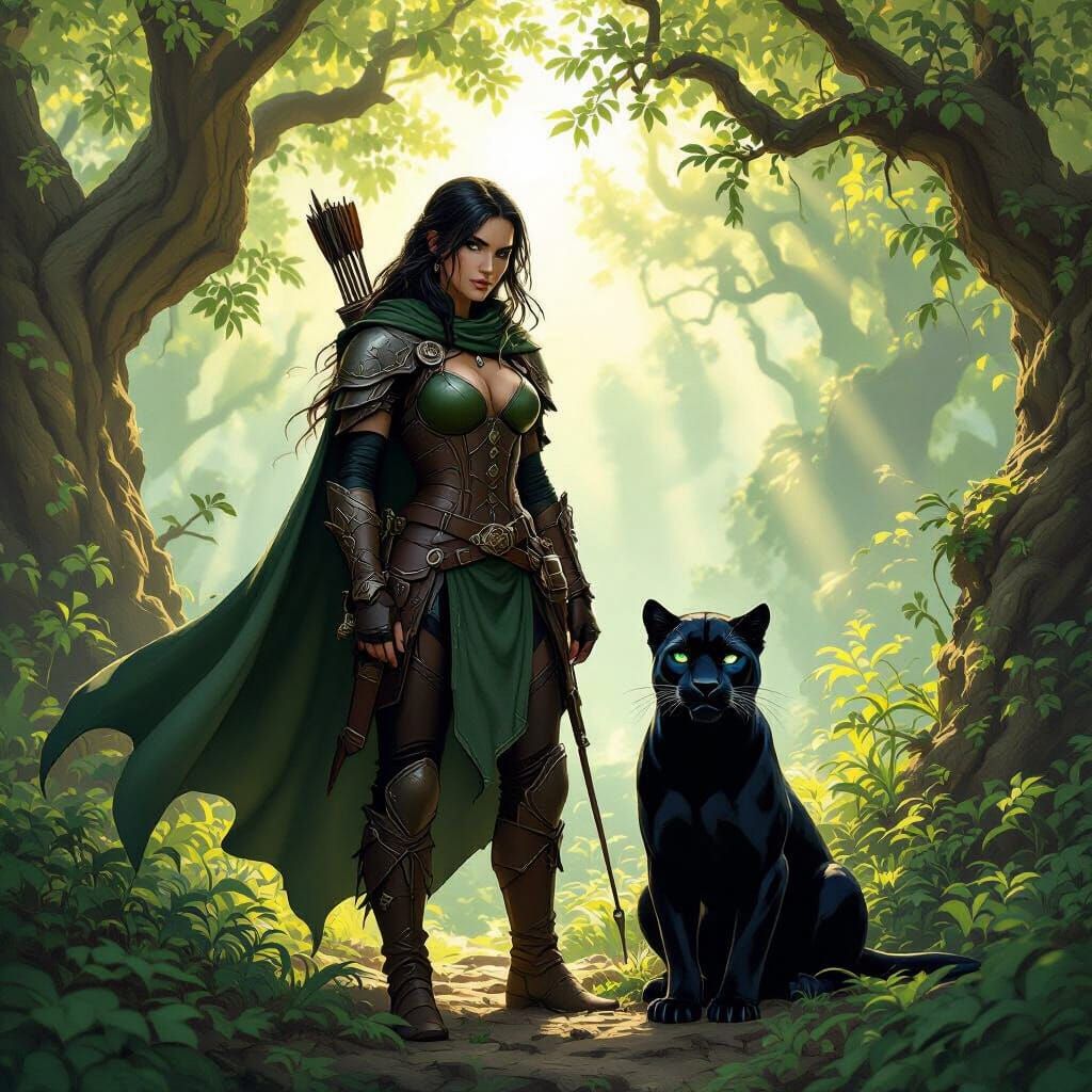 Teifling Ranger with Black Panther in Forest