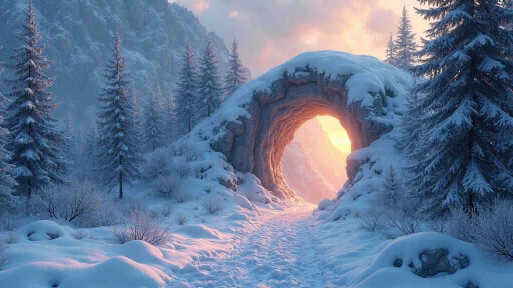 Magical Portal in Snowy Mountain, Hyper-Detailed