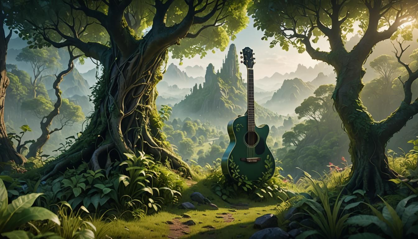 Earth Guitar Hill in Lush Forest: Fantasy Concept Art