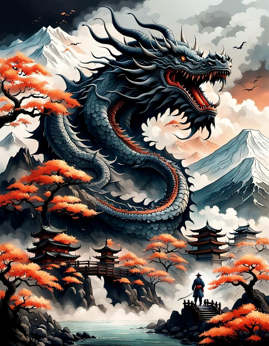 Epic Dragon and Blossoms on Mount Fuji: Ink Painting