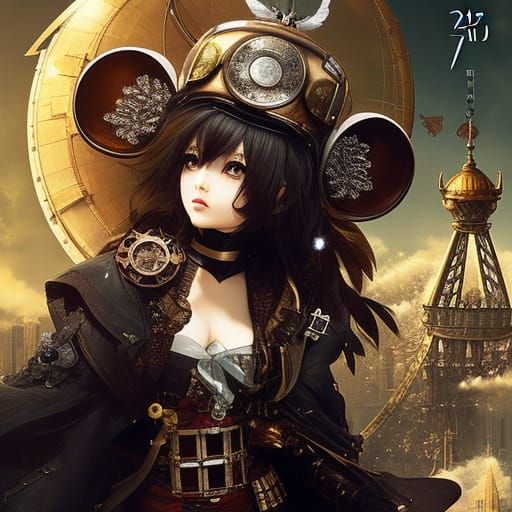 Anime Mouse Repairs Steampunk Airship, Digital Art