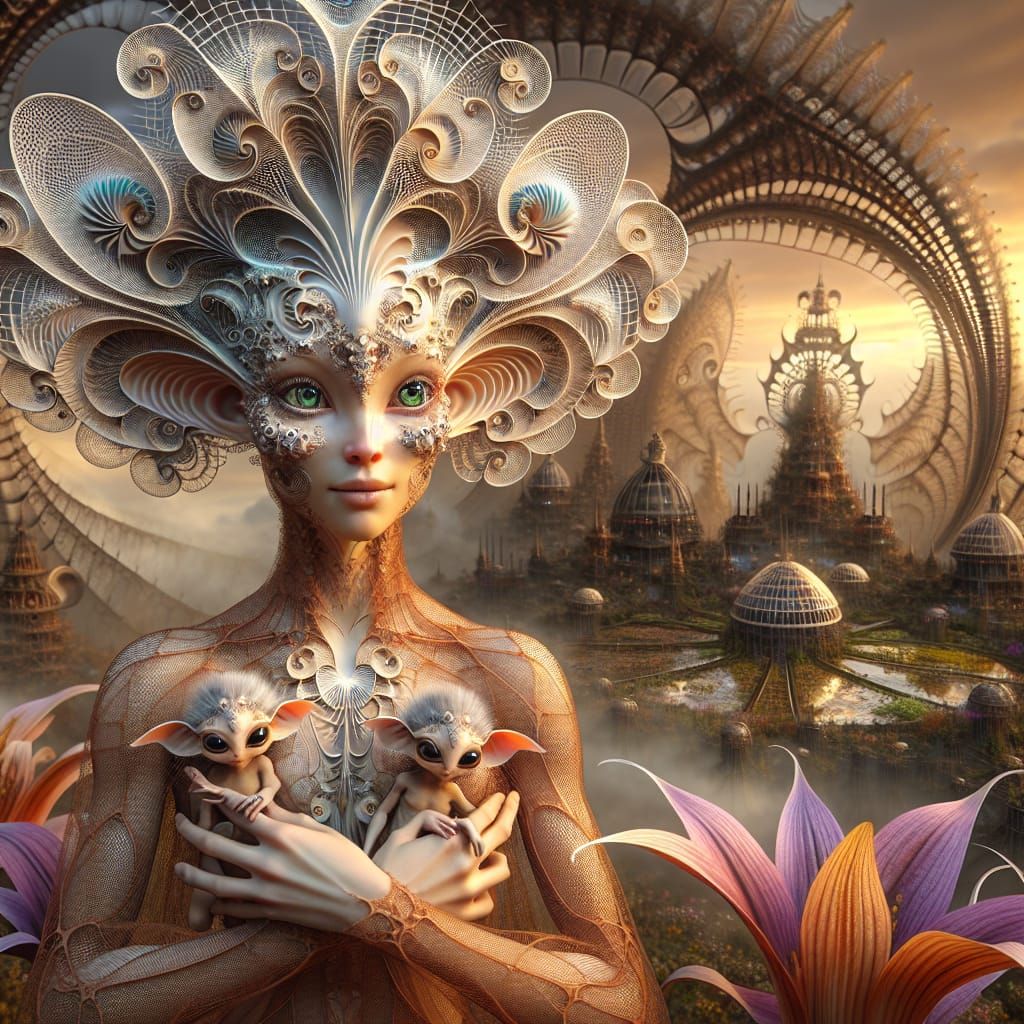 Ethereal Alien Nymph with Fractal Landscape