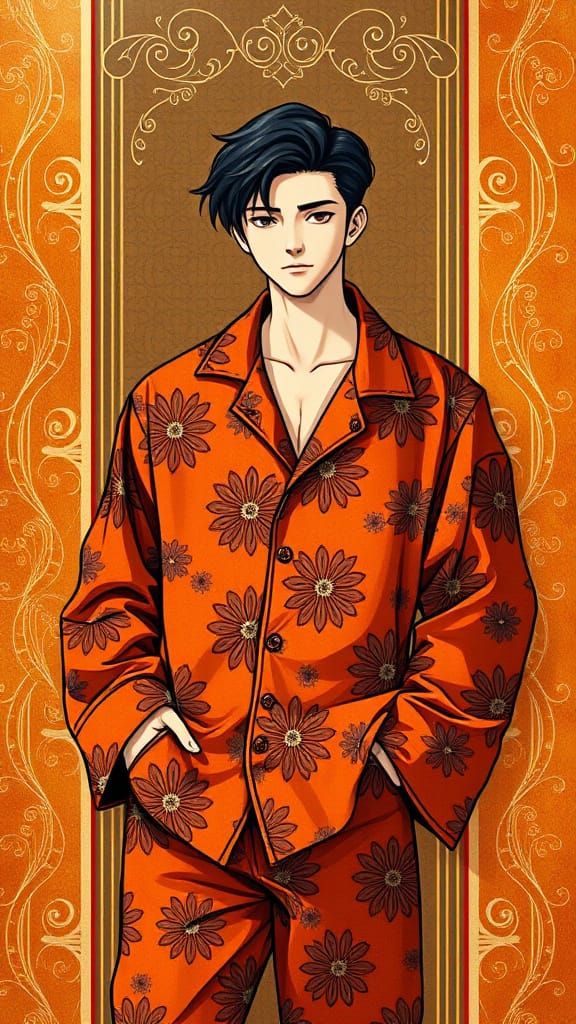Burnt Orange Flannel Pajamas Studio Ghibli contrasting colors deep color art deco poster art detailed painting expressio...