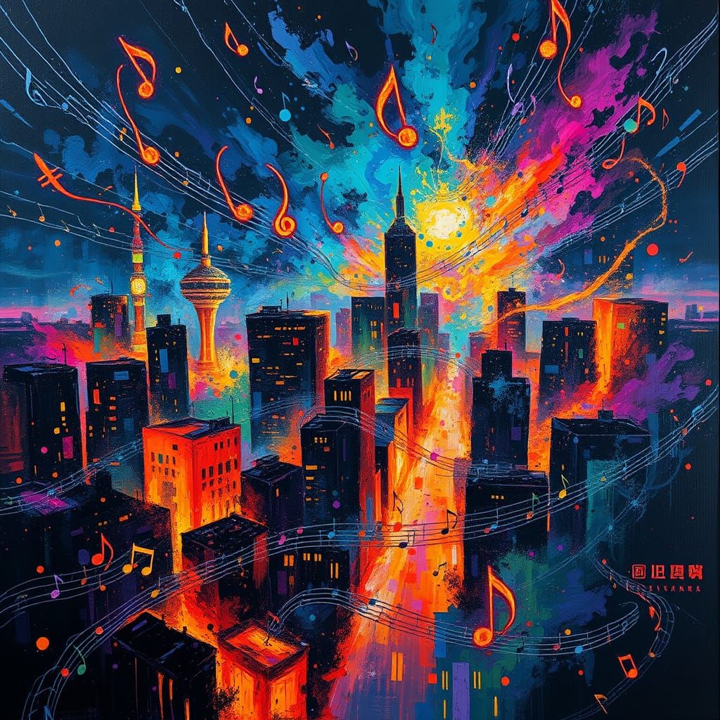 Explosive Cityscape of Music and Light in Impasto Style