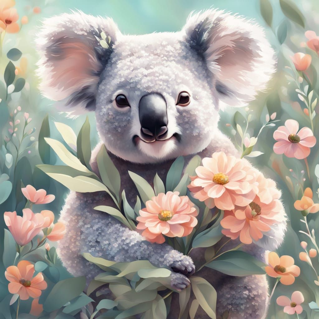 Koala with Flowers: Whimsical Pastel Illustration