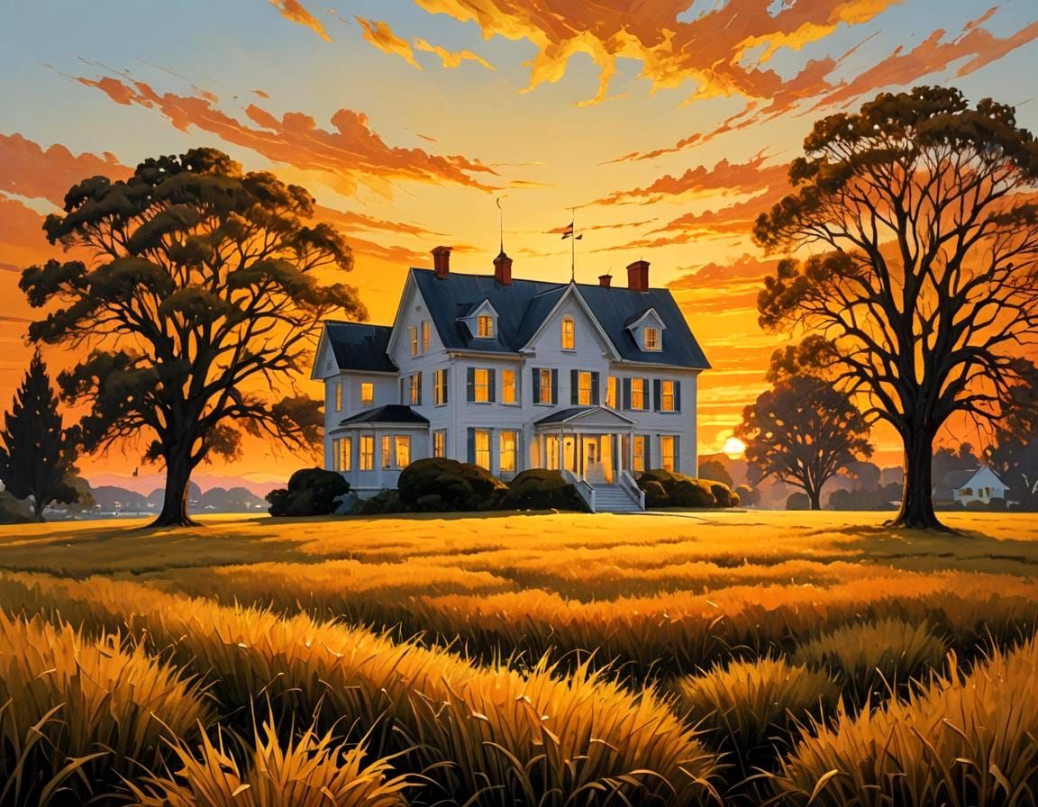 White House, Yellow Grass, Orange Sunset: Oil Painting