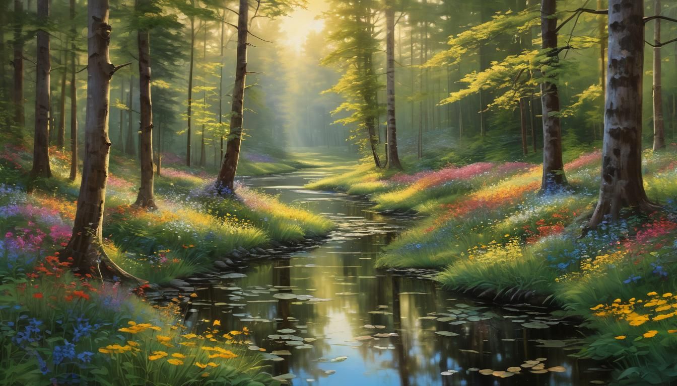 Serene Forest Clearing Bathed in Golden Sunlight
