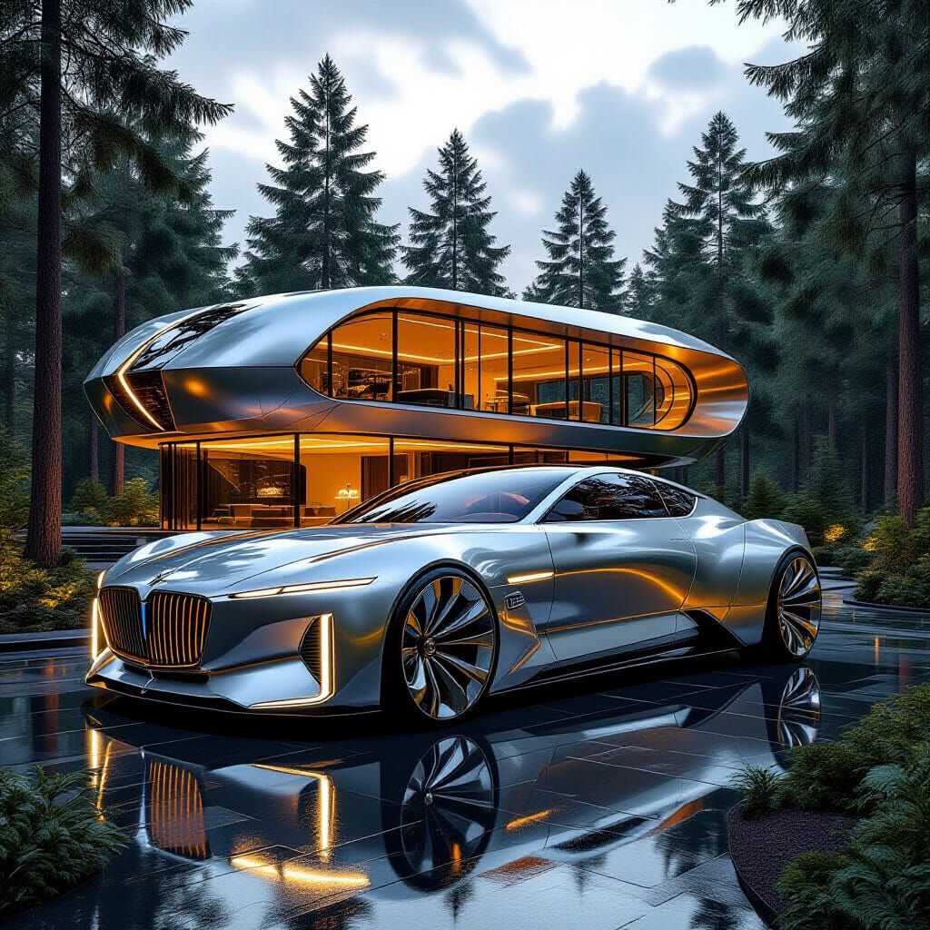 A majestic  Rolls  Royce monochromatic silver futuristic hou...