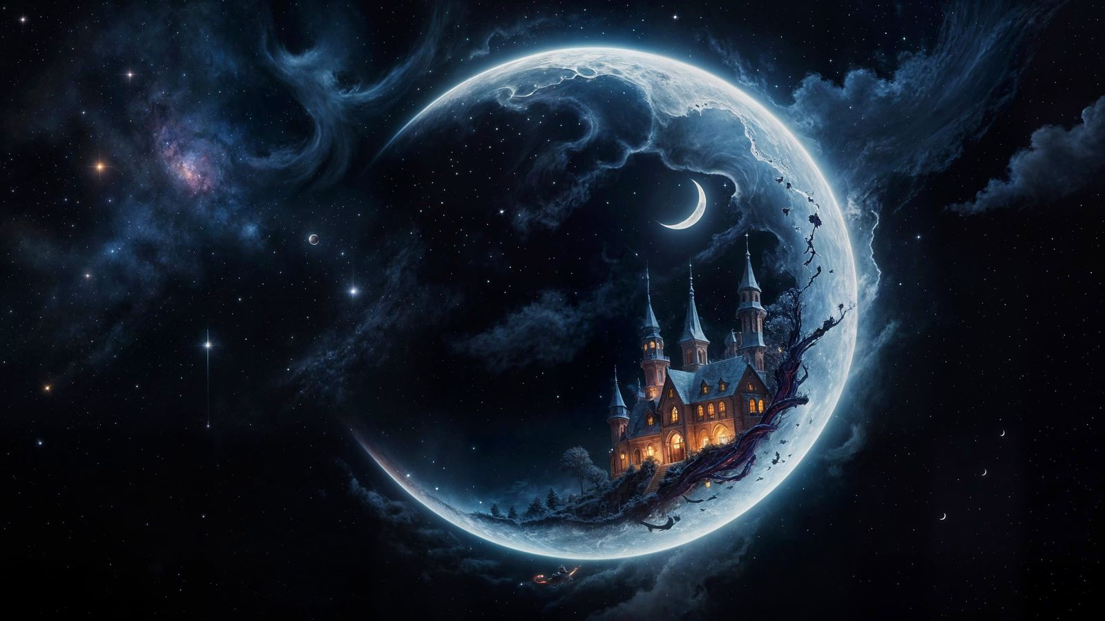 Fantasy Town Within a Crescent Moon on Starry Night