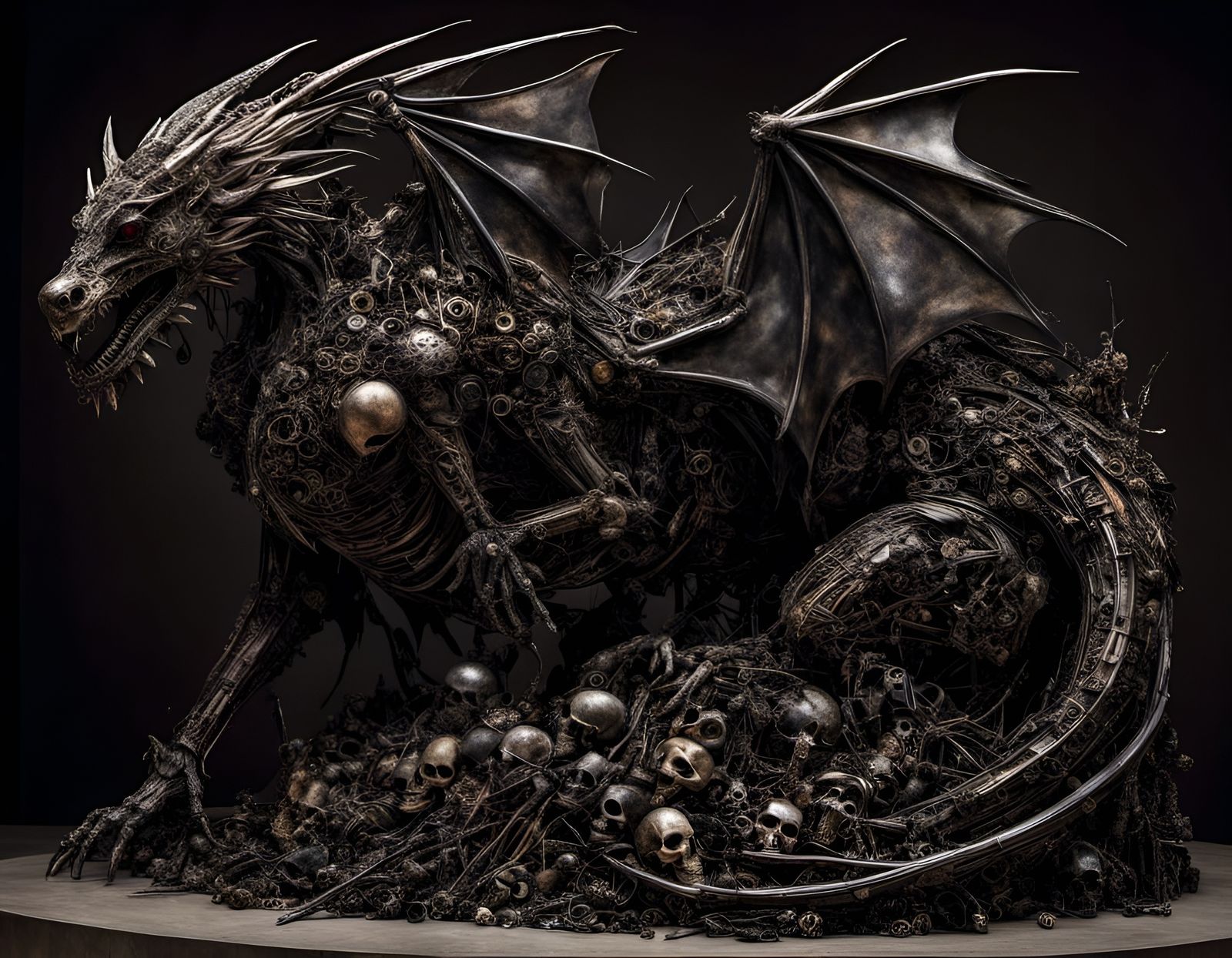 Hyperrealistic Dragon Batman Sculpture Made of Skulls
