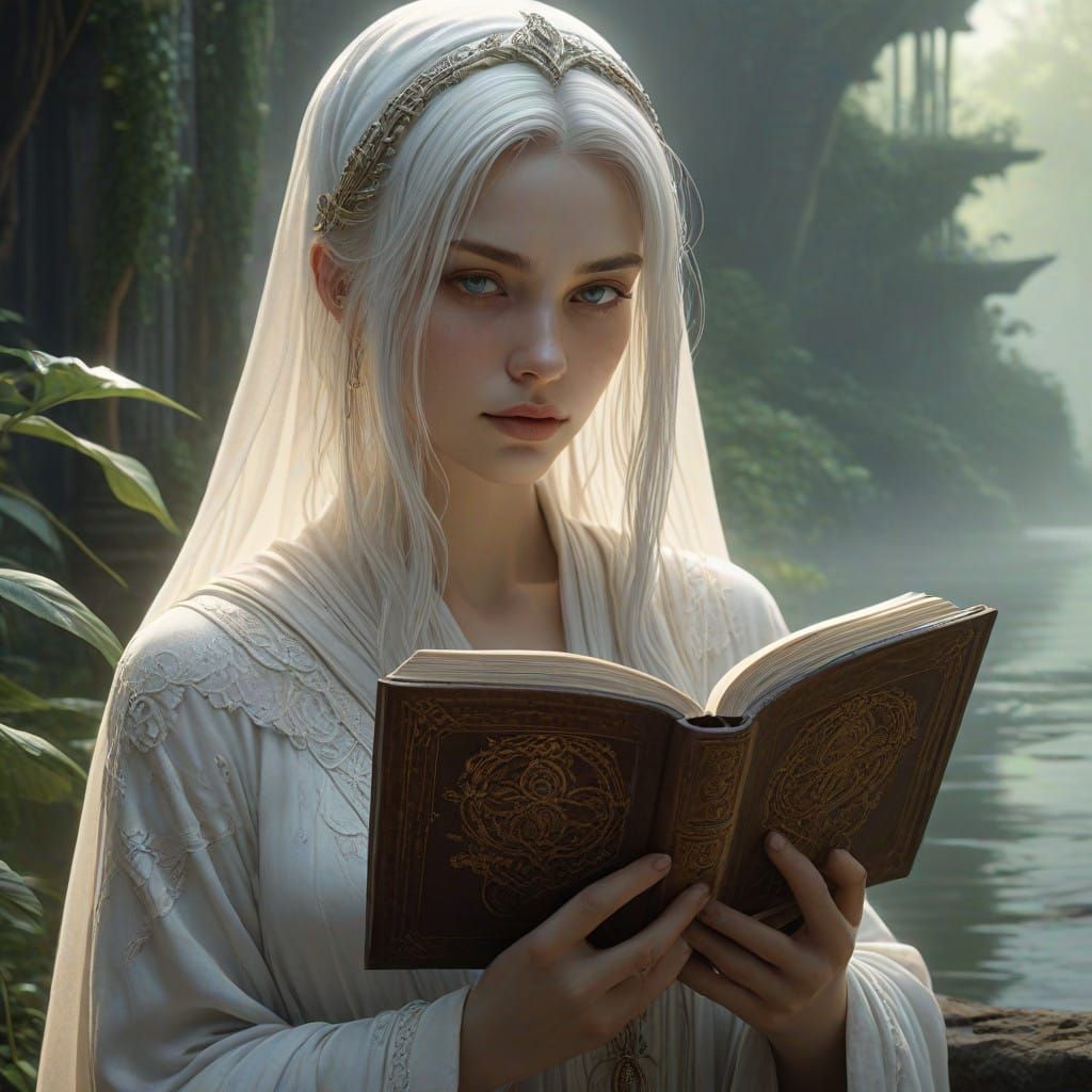 Woman in Serene Sanctuary, Cradling Bible in 3D Anime Art