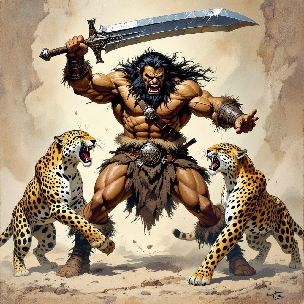 Barbarian Warrior Battles Leopards in Fantasy Art Style
