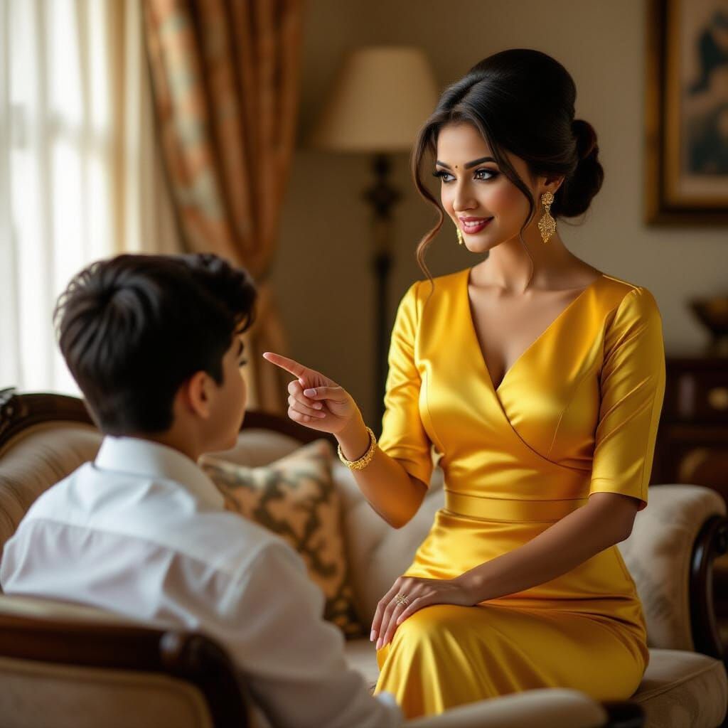 Indian Woman in Yellow Top Poses with Nephew