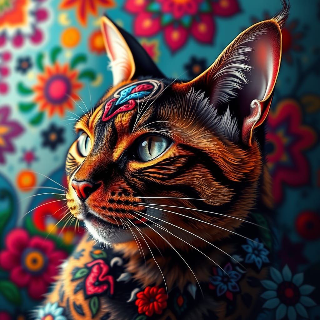 Hungarian Folk Art Cat: Detailed Concept Art Painting