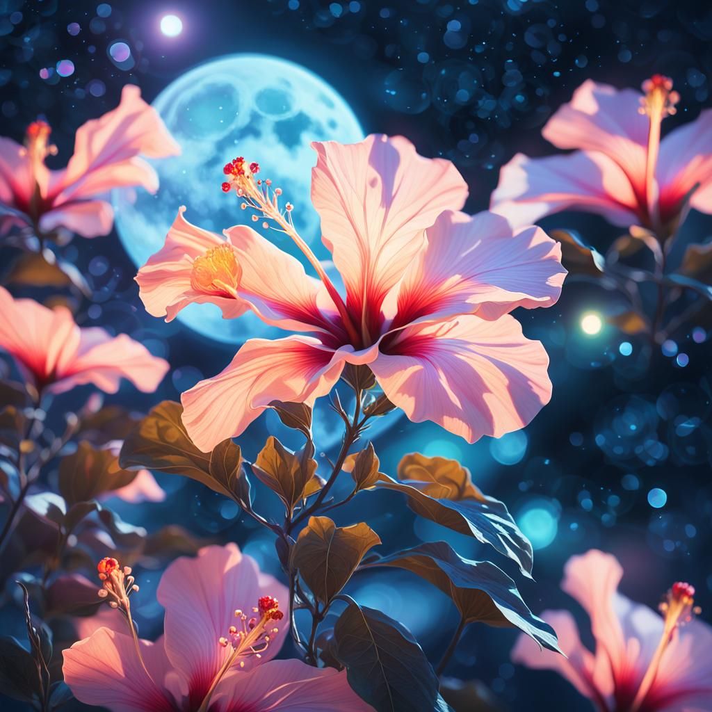 Futuristic Hibiscus Blooms in Moonlit Sci-Fi Concept Art