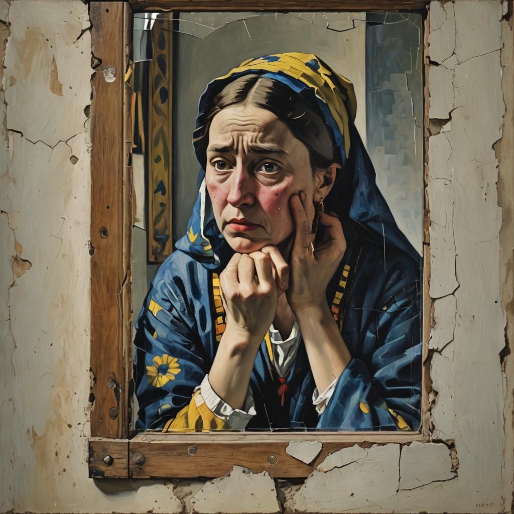Woman Crying Before Cracked Mirror in Classic Style