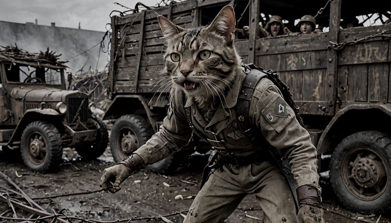 Feline Warrior's Battle Cry in Dystopian WWI Landscape