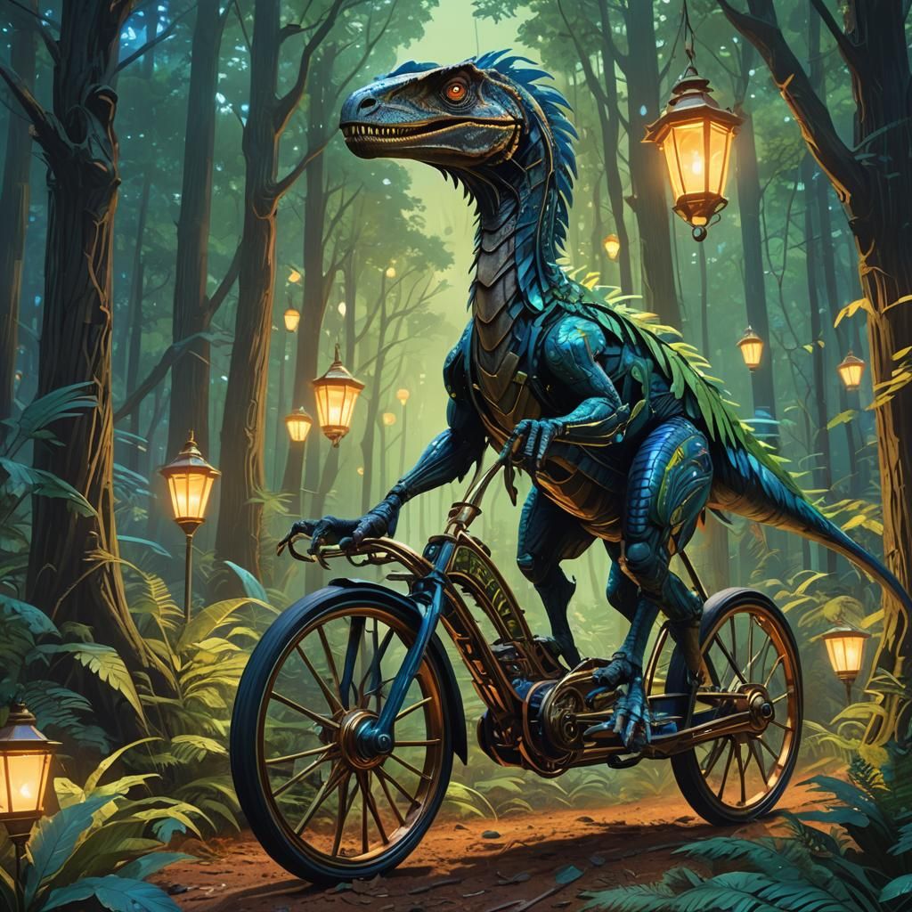 Velociraptor Rides Velocipede in Mystical Forest