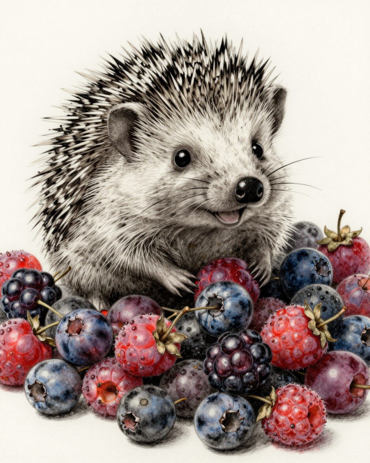 Joyful Hedgehog Over Berries in Charcoal Style