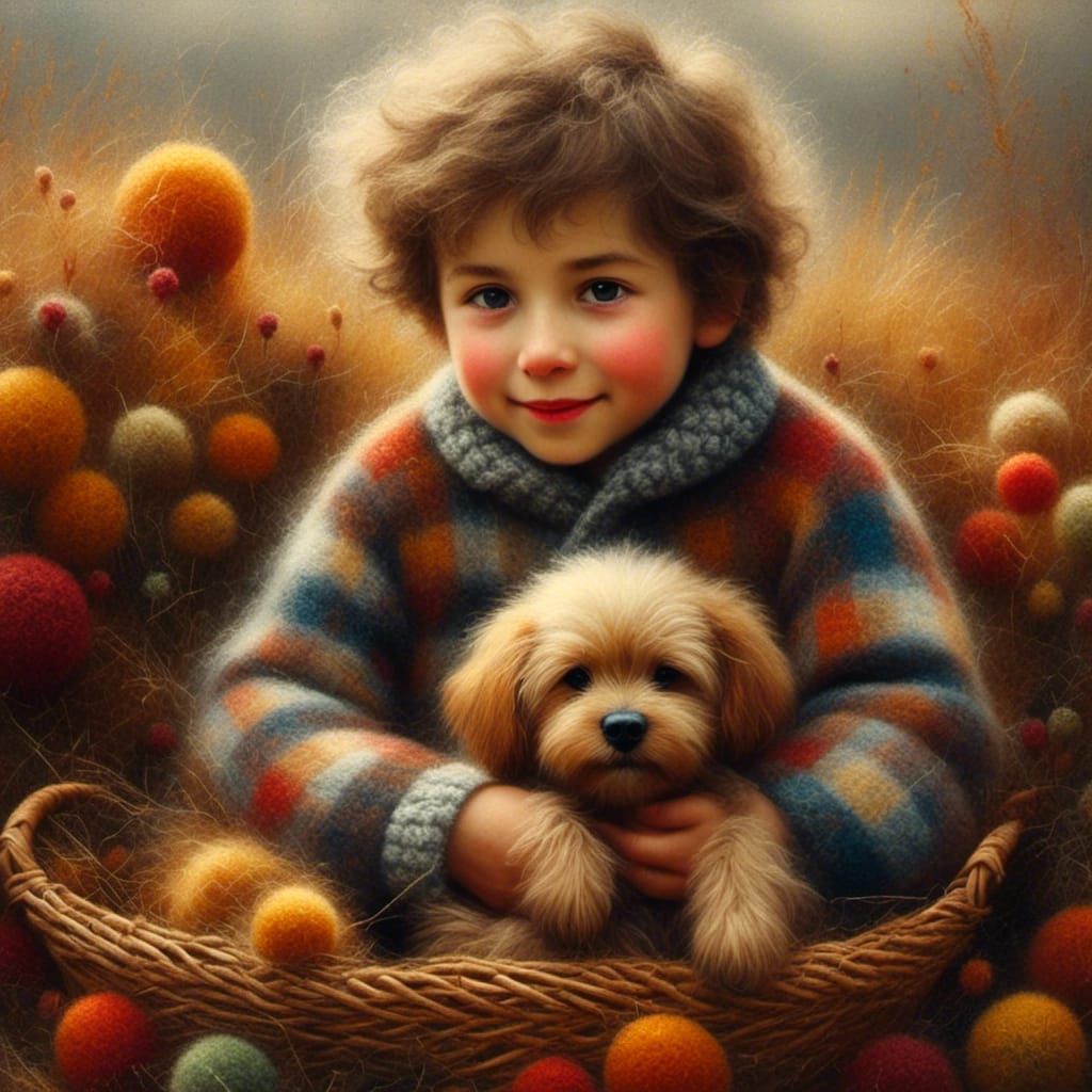 Cozy Oil Painting: Boy and Puppy in Warm Light