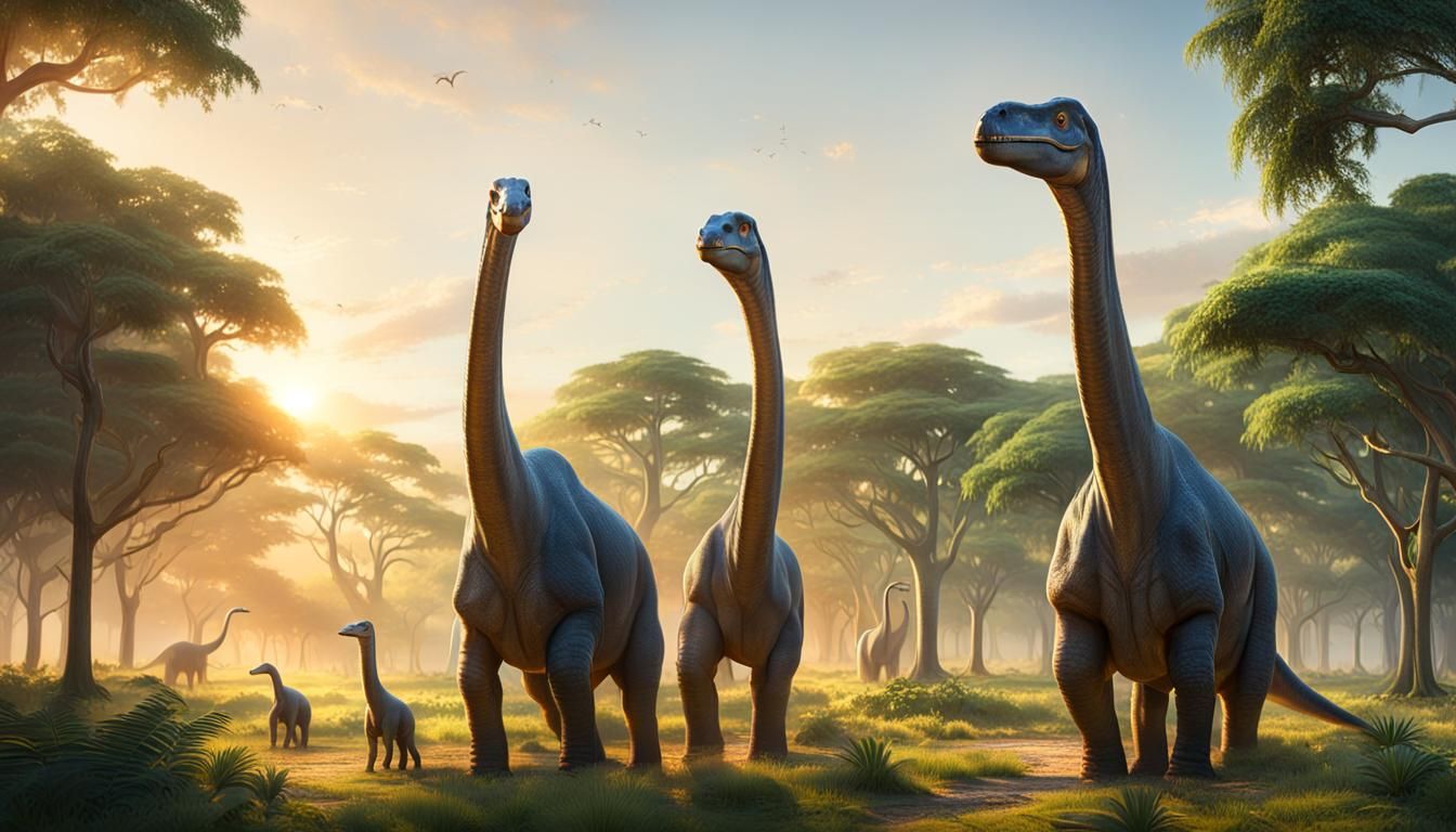 Brachiosaurus Family at Sunrise: Photorealistic Prehistoric ...