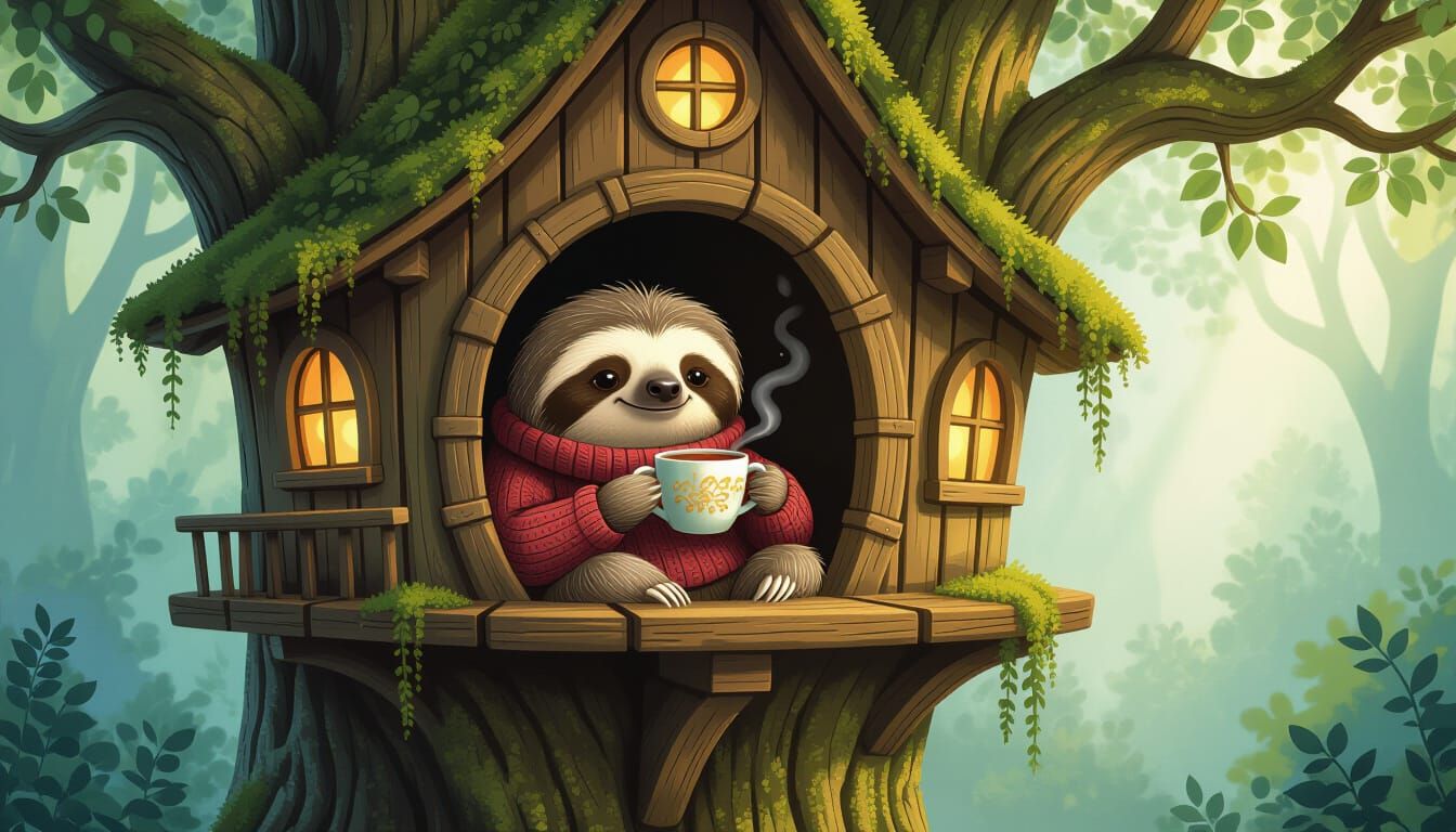 Sloth Enjoys Tea Time in Whimsical Treehouse