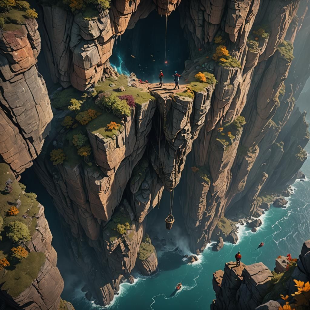 Woman's Perilous Cliffside Encounter: Detailed Matte Paintin...