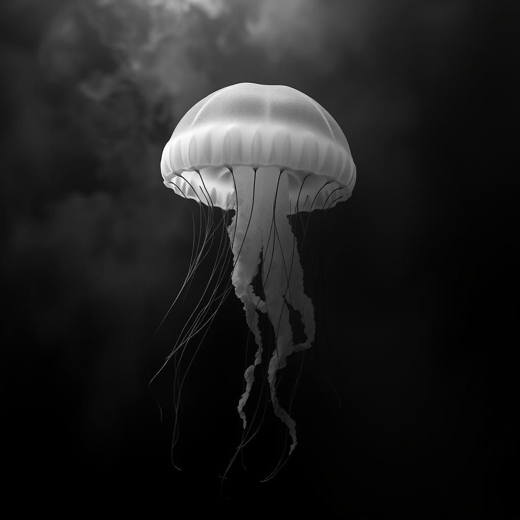 Hyperrealistic Macro Jellyfish in Monochrome Fog