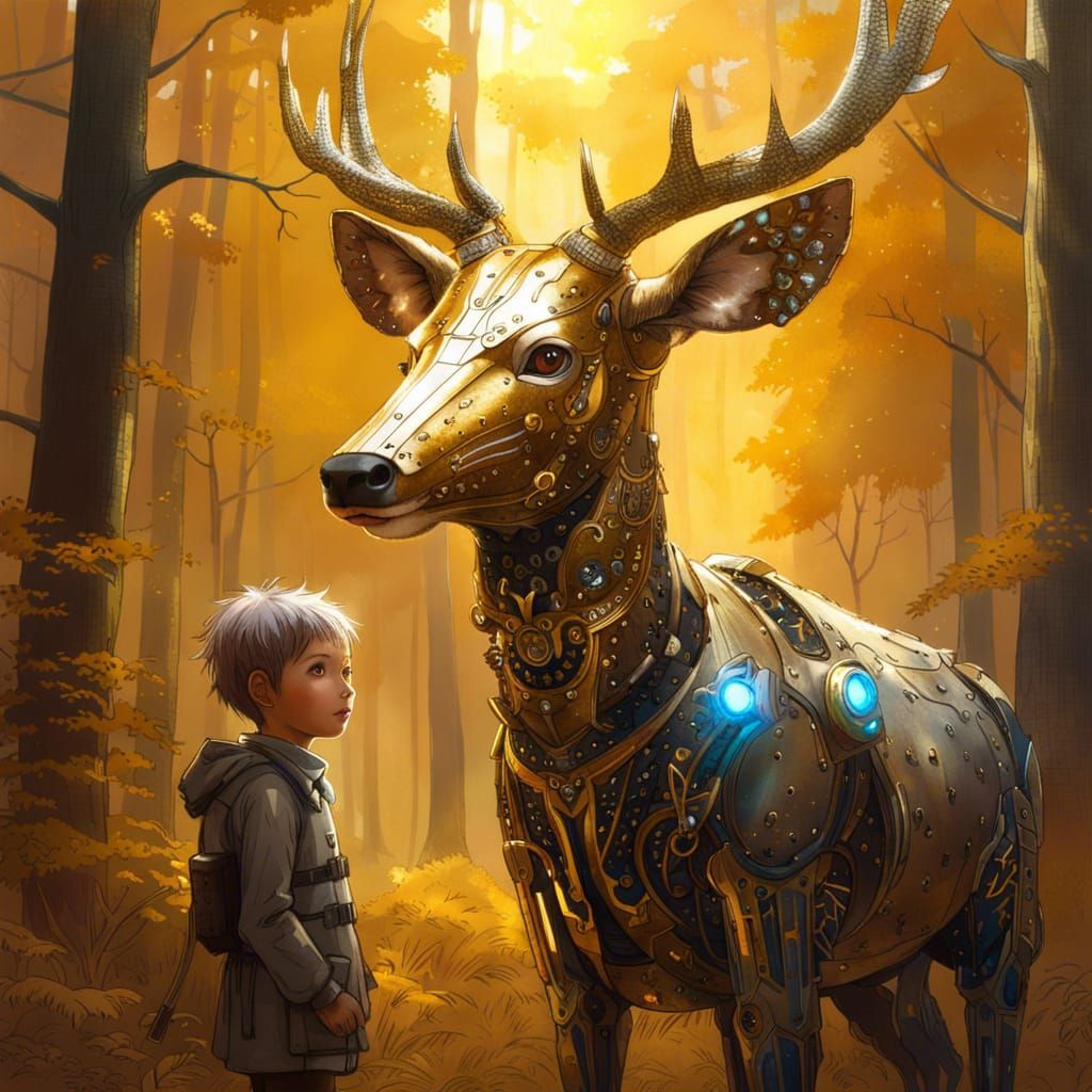 Robot Deer and Elf Friend in Golden Forest