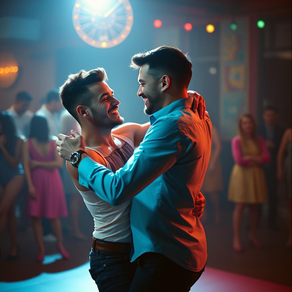 Joyful Gay Couple Dancing: Cinematic Film Still