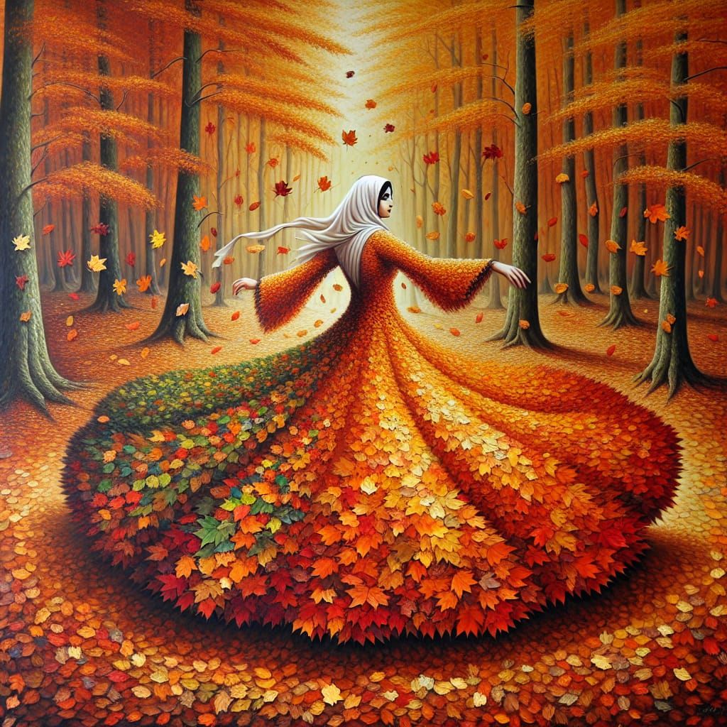 Autumnal Woman Dances in Forest of Falling Leaves